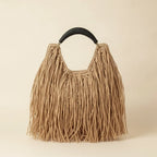 Tan boho fringe hobo bag, front view