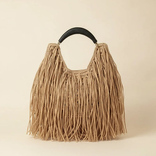 Tan boho fringe hobo bag, front view
