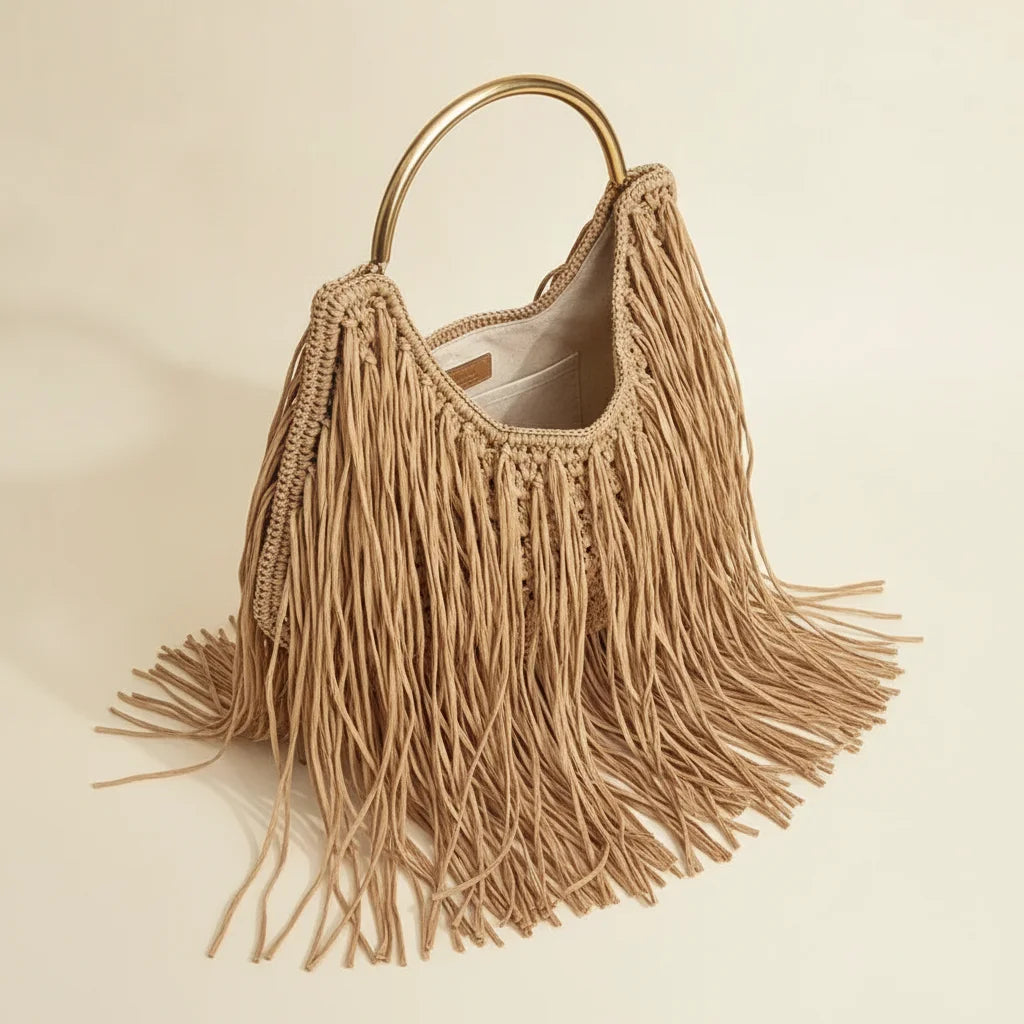 Interior lining and pockets of Tan boho fringe hobo bag