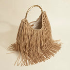 Interior lining and pockets of Tan boho fringe hobo bag