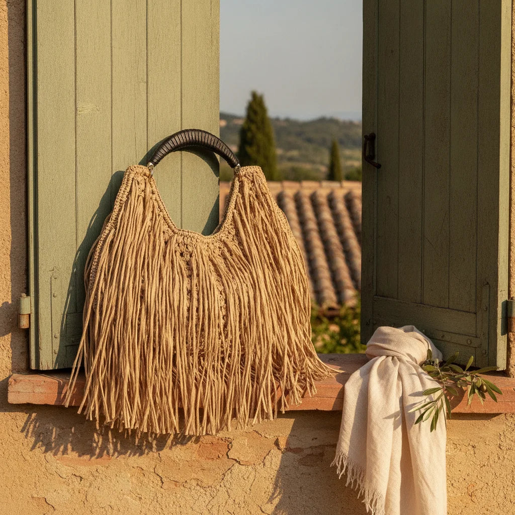 Tan boho fringe hobo bag styled in a warm Mediterranean setting