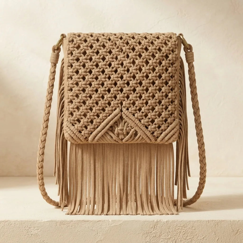 Back panel of Beige boho fringe shoulder bag with strap attachments