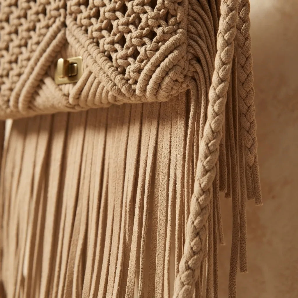 Close-up of fringe stitching and texture on Beige boho fringe shoulder bag