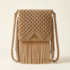 Beige boho fringe shoulder bag, front view
