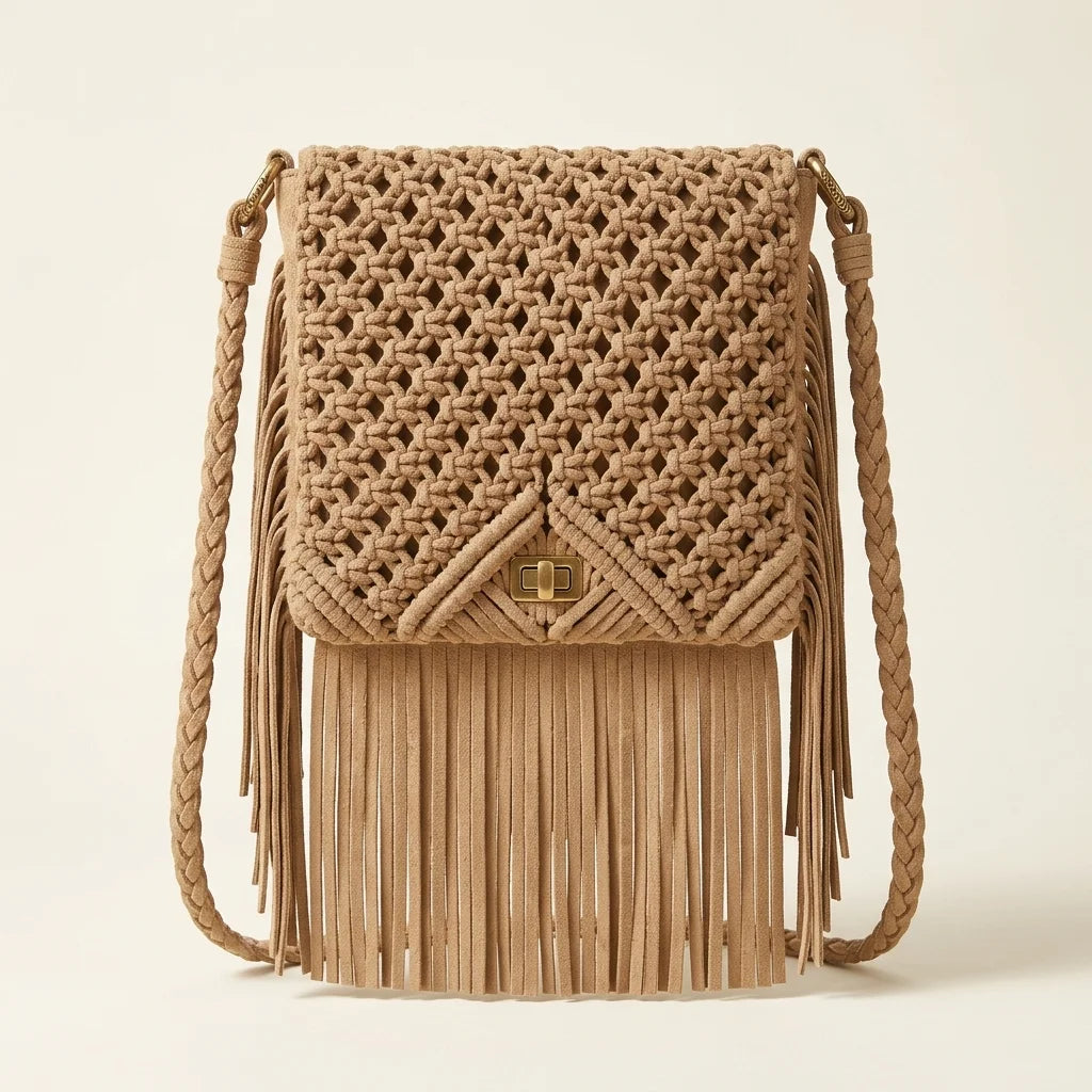 Beige boho fringe shoulder bag, front view