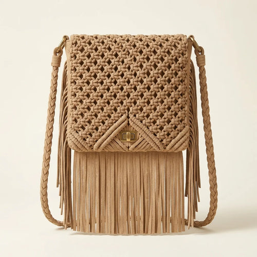 Beige boho fringe shoulder bag, front view