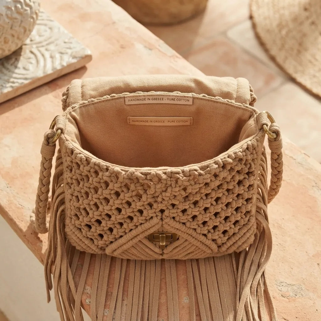 Interior lining and pockets of Beige boho fringe shoulder bag