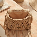 Interior lining and pockets of Beige boho fringe shoulder bag