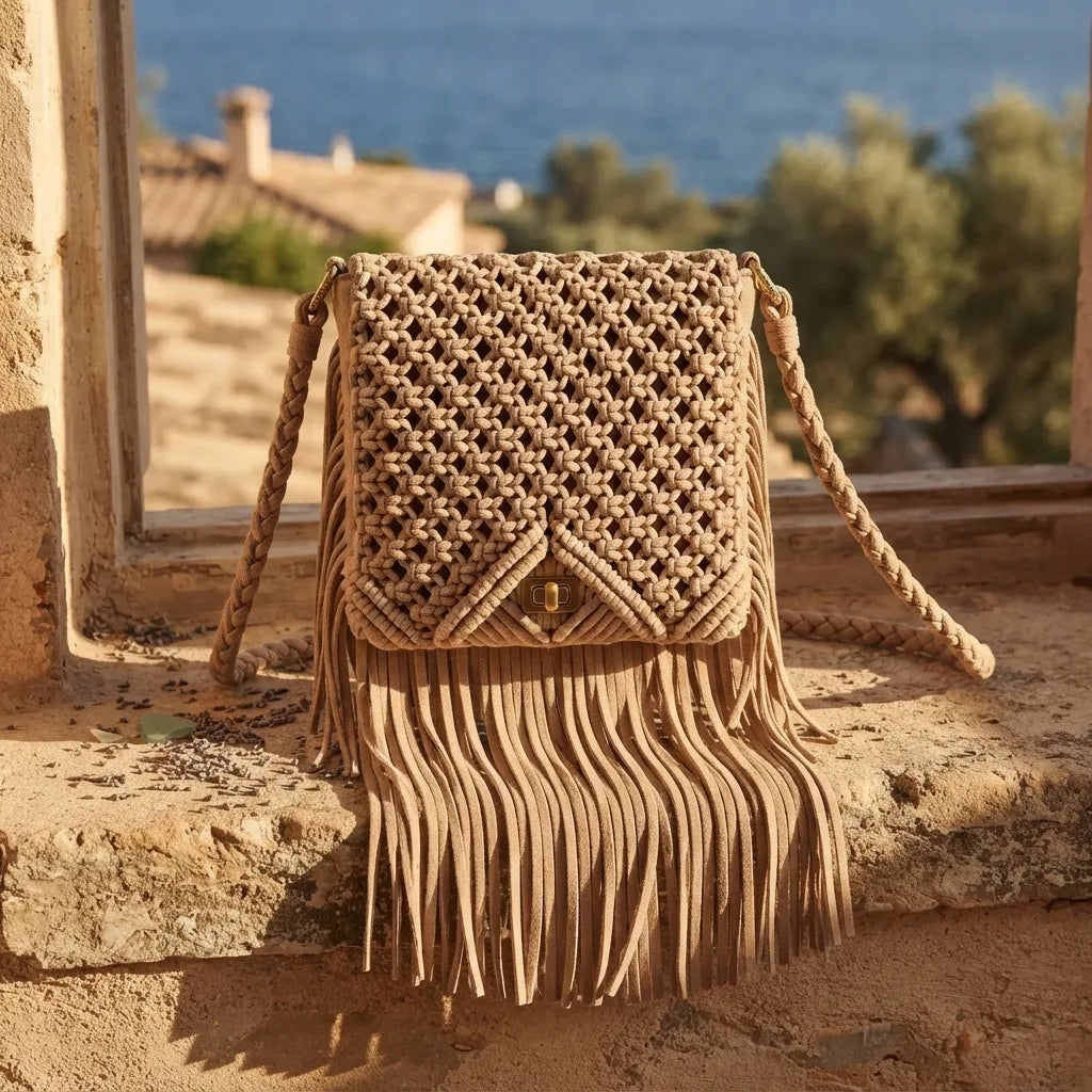 Beige boho fringe shoulder bag styled in a warm Mediterranean setting