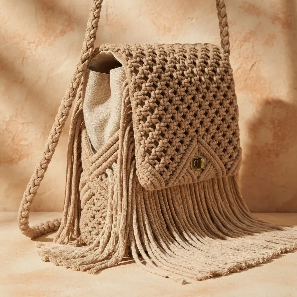 Beige boho fringe shoulder bag, three-quarter angle showing side depth