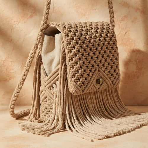 Beige boho fringe shoulder bag, three-quarter angle showing side depth