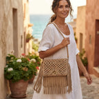 Woman wearing Beige boho fringe shoulder bag with swaying fringe