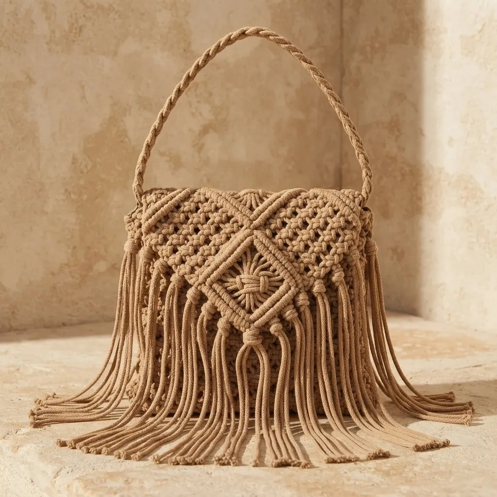 Back panel of Khaki boho fringe shoulder bag with strap attachments