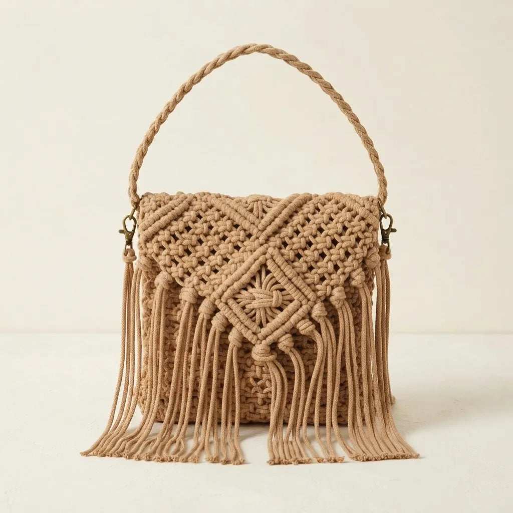 Khaki boho fringe shoulder bag, front view