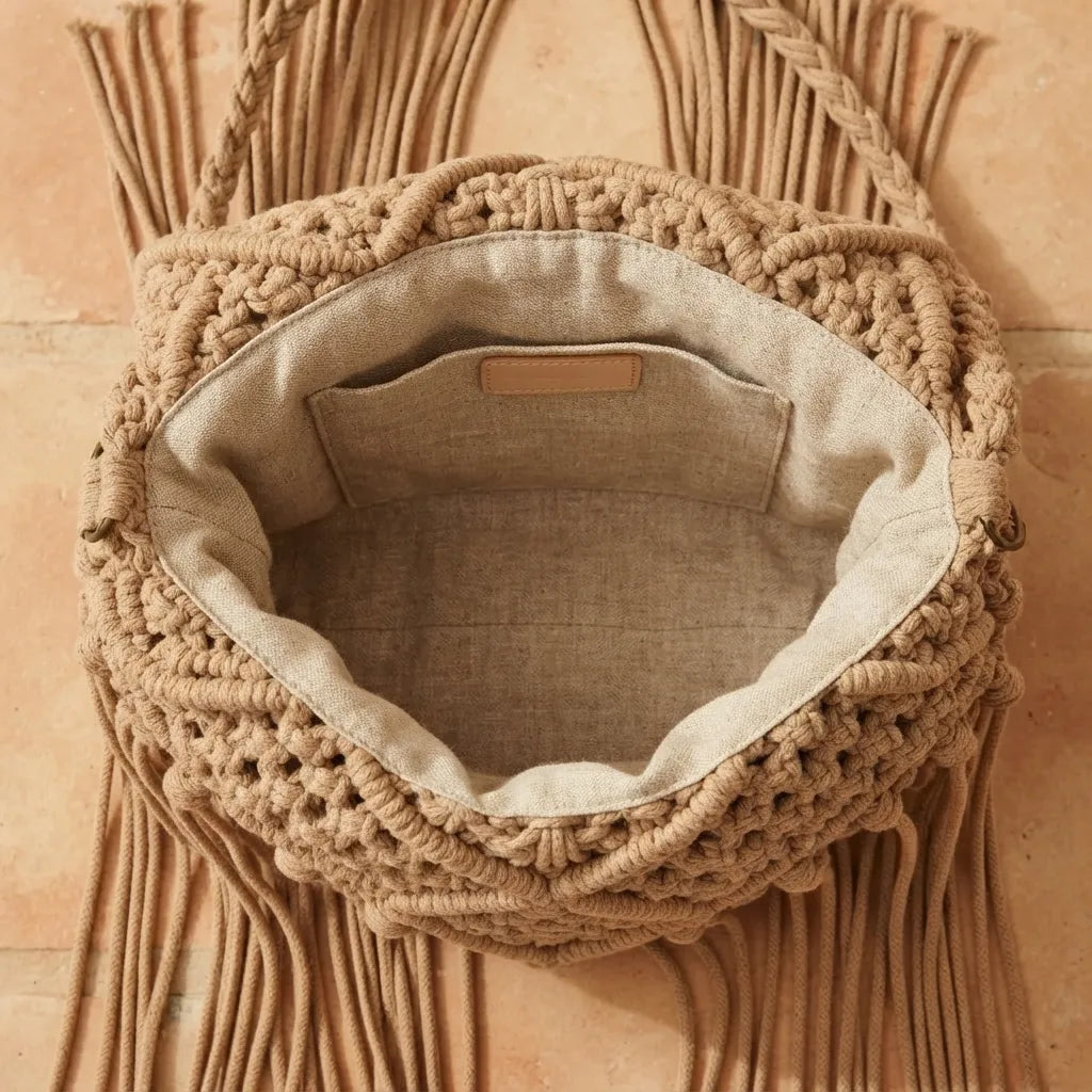 Interior lining and pockets of Khaki boho fringe shoulder bag