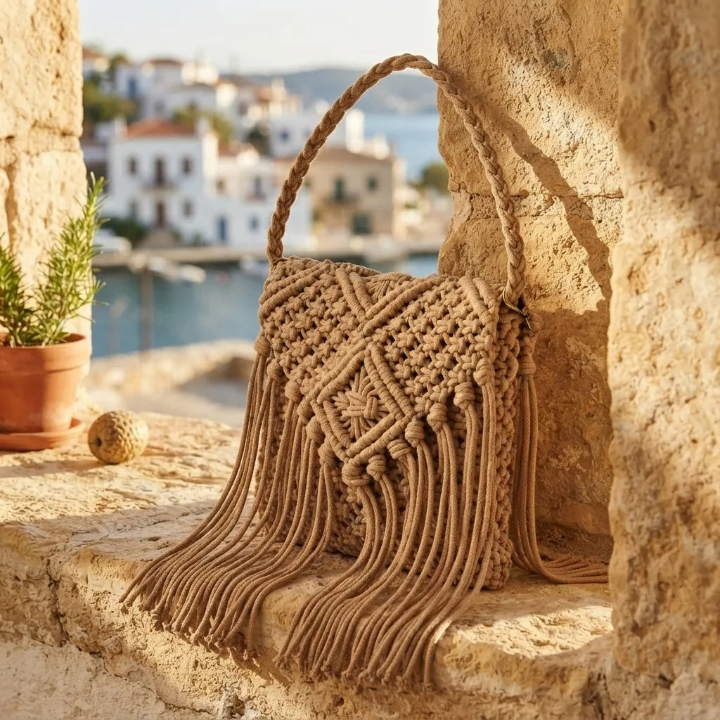 Khaki boho fringe shoulder bag styled in a warm Mediterranean setting