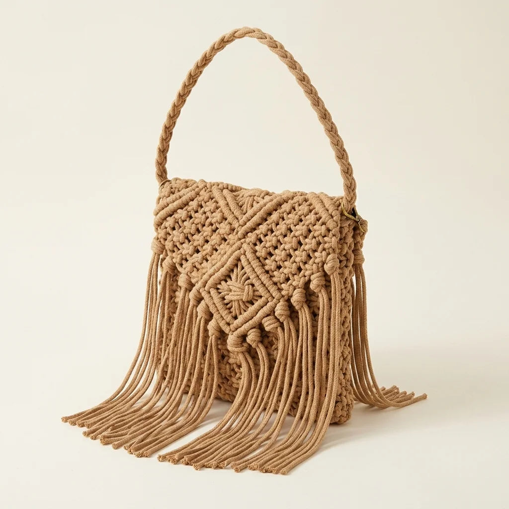 Khaki boho fringe shoulder bag, three-quarter angle showing side depth