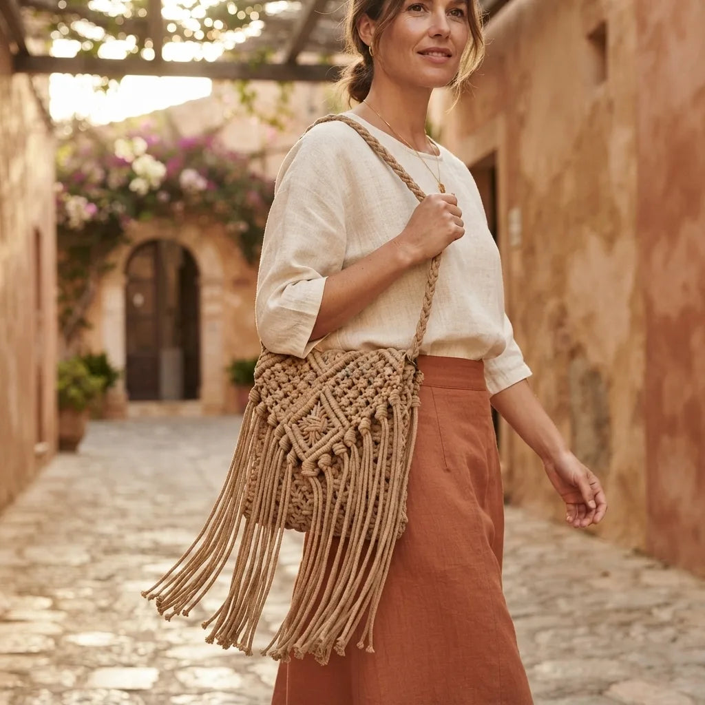 Woman wearing Khaki boho fringe shoulder bag with swaying fringe