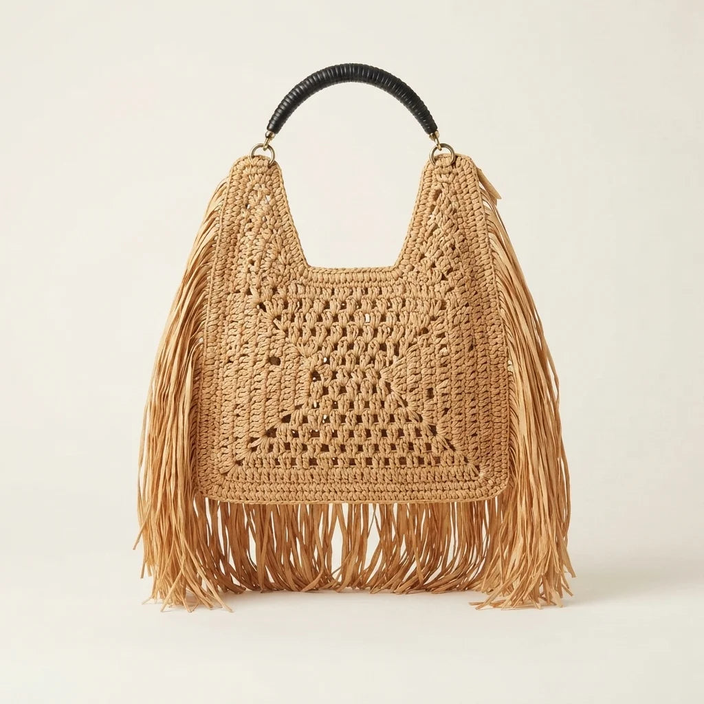 Back panel of Brown boho fringe tote bag with strap attachments