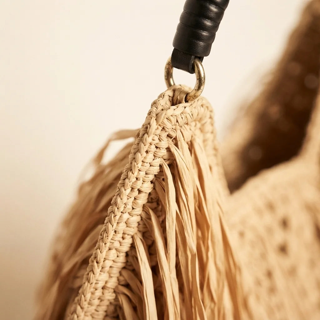 Close-up of fringe stitching and texture on Brown boho fringe tote bag