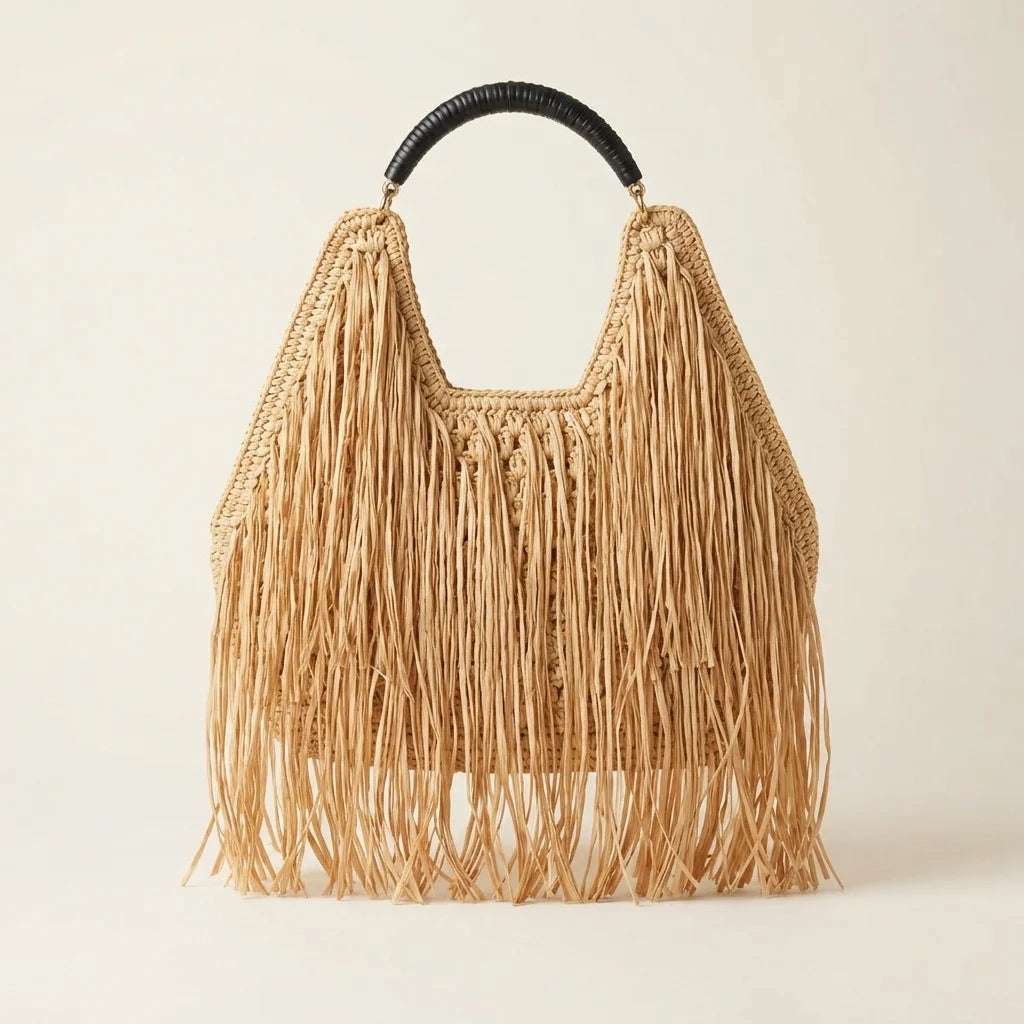 Brown boho fringe tote bag, front view