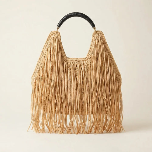 Brown boho fringe tote bag, front view