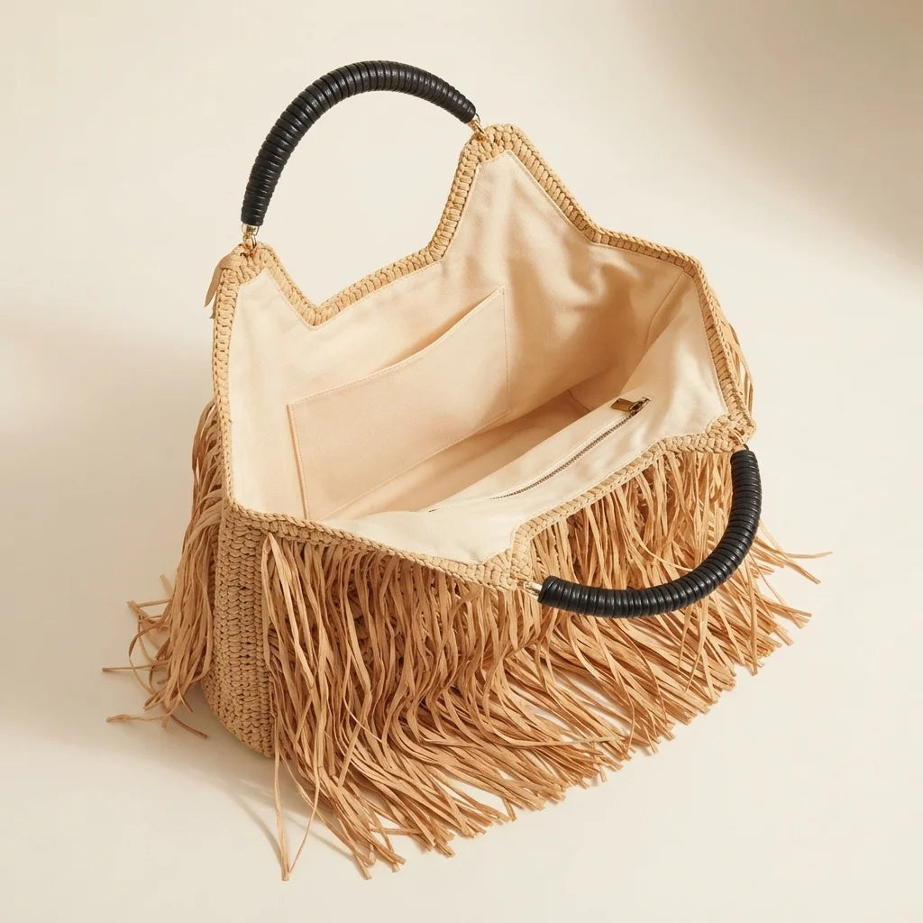 Interior lining and pockets of Brown boho fringe tote bag