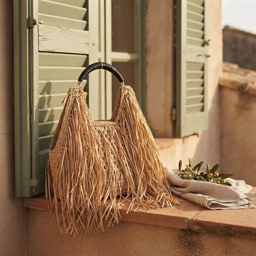 Brown boho fringe tote bag styled in a warm Mediterranean setting