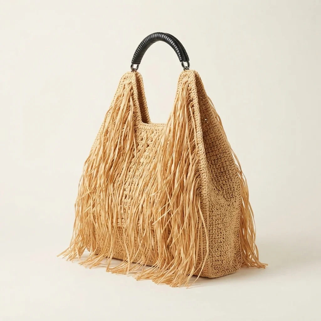 Brown boho fringe tote bag, three-quarter angle showing side depth