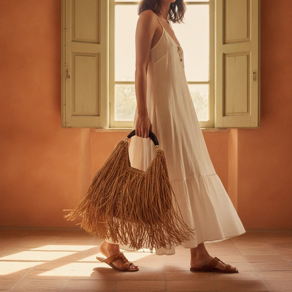 Woman wearing Brown boho fringe tote bag with swaying fringe
