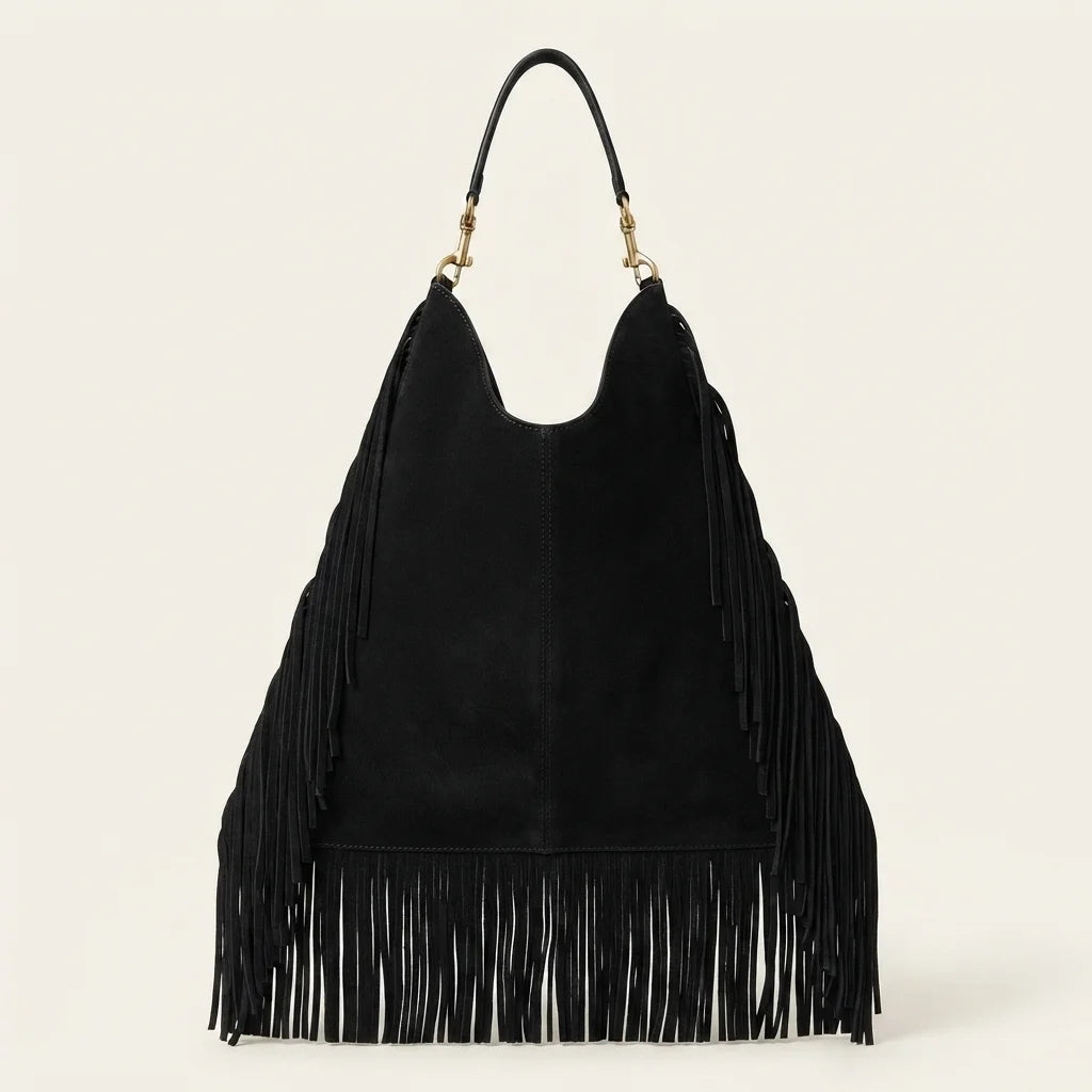Back panel of Black boho leather fringe bag with strap attachments