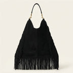 Back panel of Black boho leather fringe bag with strap attachments
