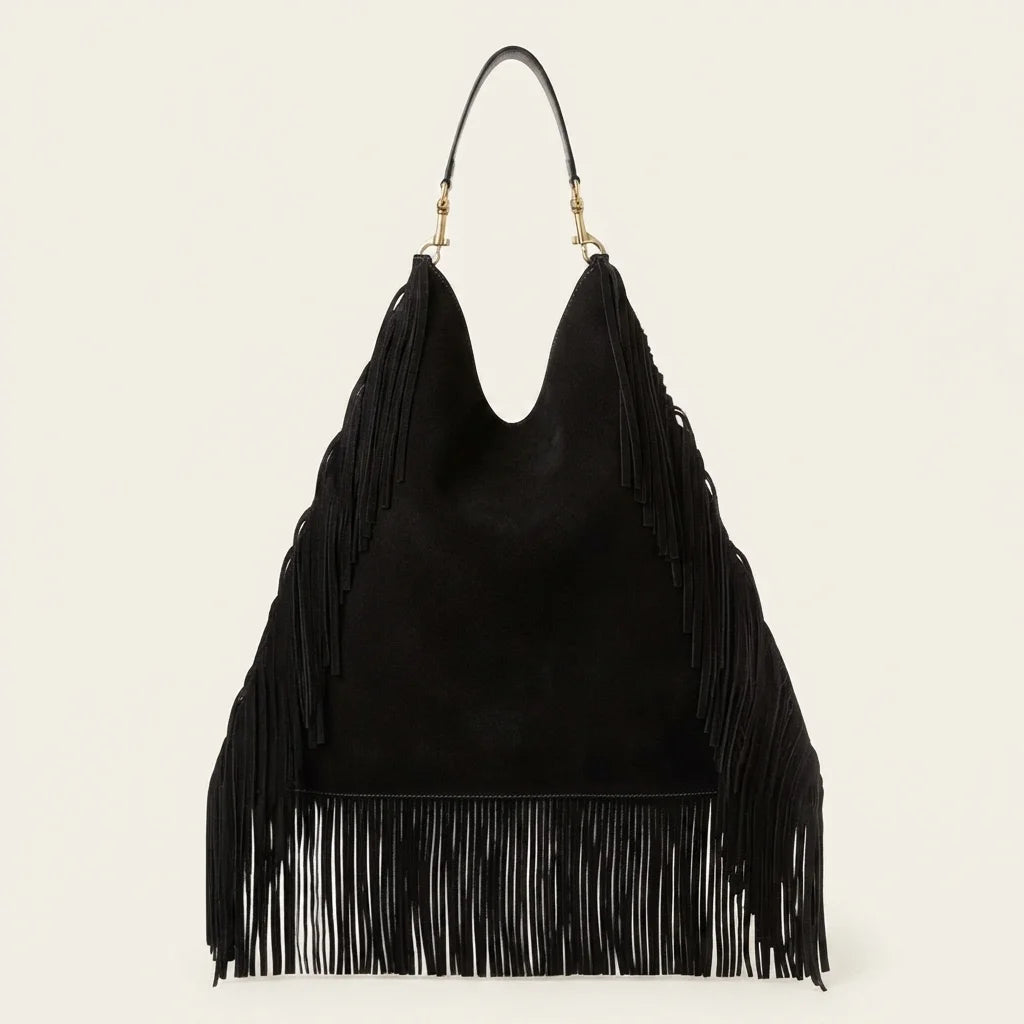 Black boho leather fringe bag, front view