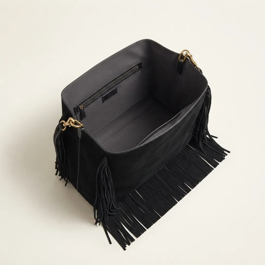 Interior lining and pockets of Black boho leather fringe bag