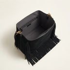 Interior lining and pockets of Black boho leather fringe bag