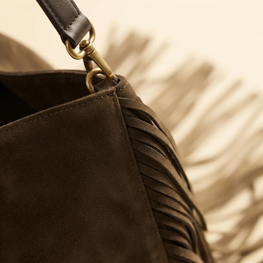 Close-up of fringe stitching and texture on Brown boho leather fringe bag