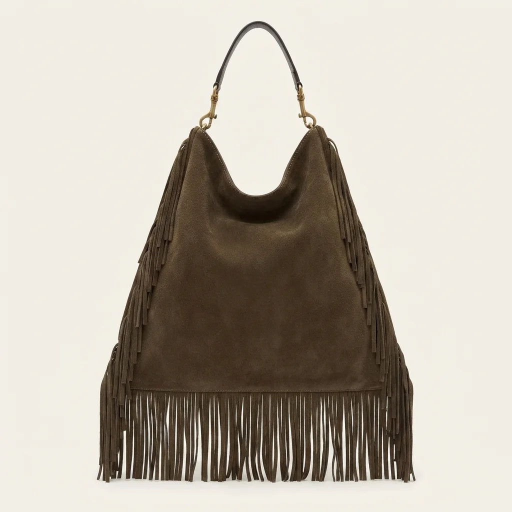 Brown boho leather fringe bag, front view