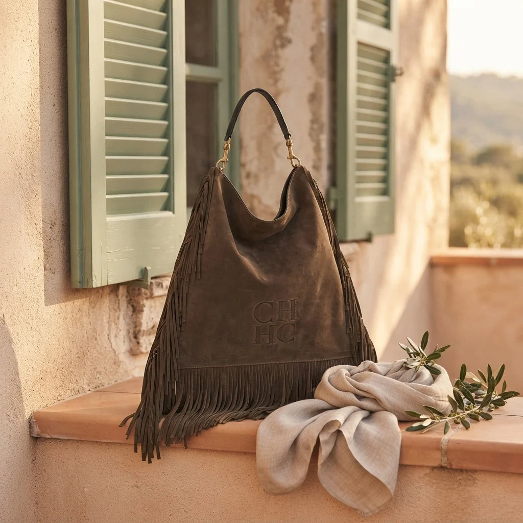Brown boho leather fringe bag styled in a warm Mediterranean setting