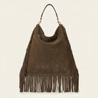 Back panel of Coffee boho leather fringe bag with strap attachments