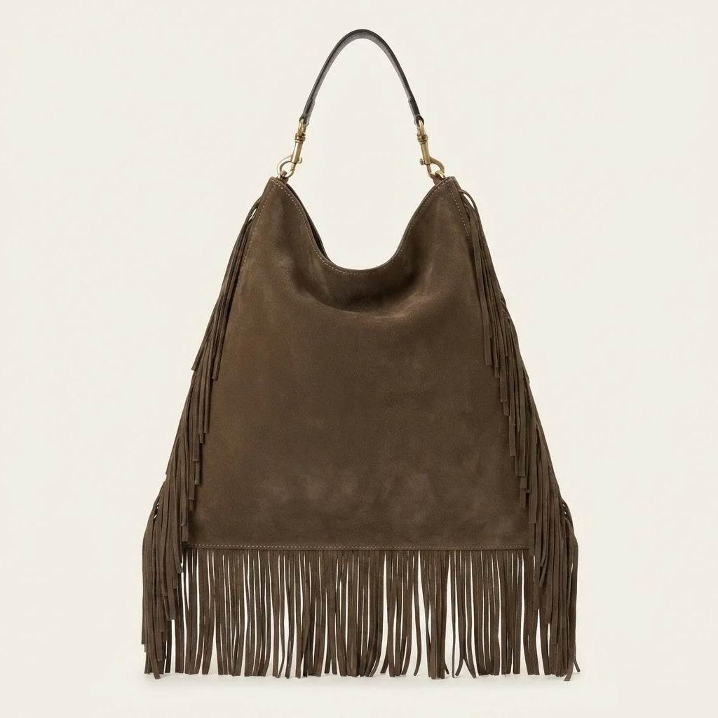 Back panel of Coffee boho leather fringe bag with strap attachments