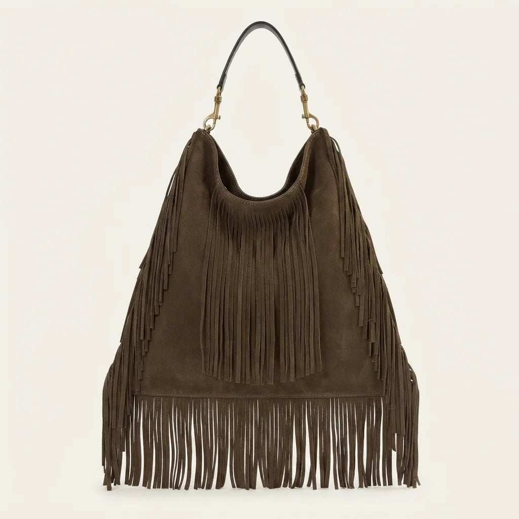 Coffee boho leather fringe bag, front view
