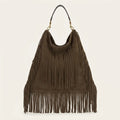Coffee boho leather fringe bag, front view