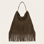 Coffee boho leather fringe bag, front view