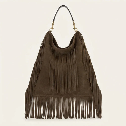 Coffee boho leather fringe bag, front view