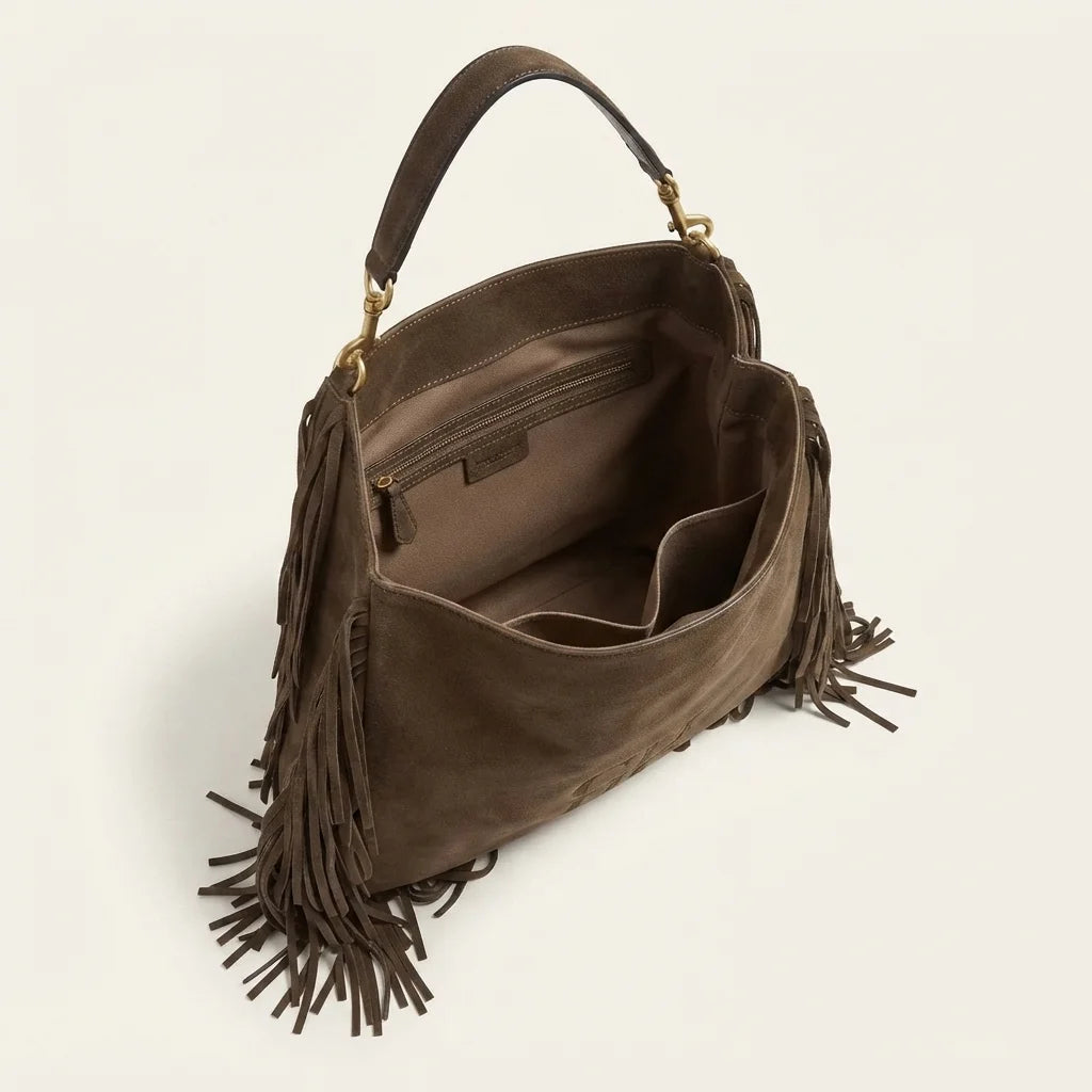 Interior lining and pockets of Coffee boho leather fringe bag
