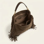 Interior lining and pockets of Coffee boho leather fringe bag