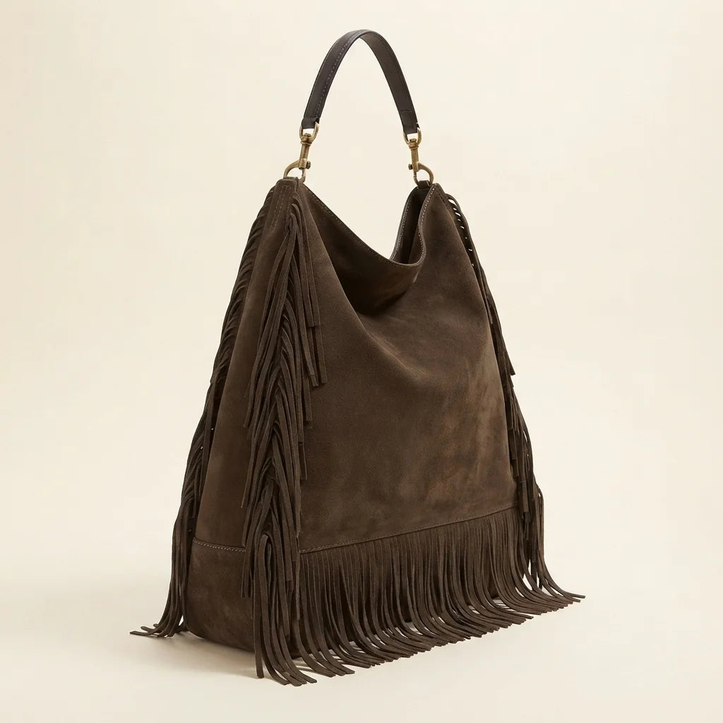 Coffee boho leather fringe bag, three-quarter angle showing side depth