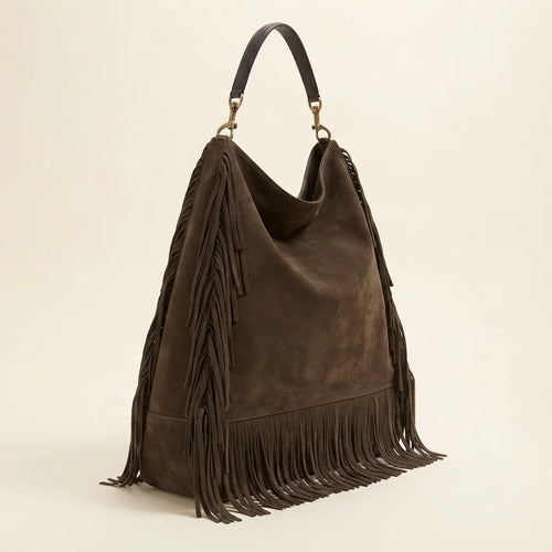 Coffee boho leather fringe bag, three-quarter angle showing side depth
