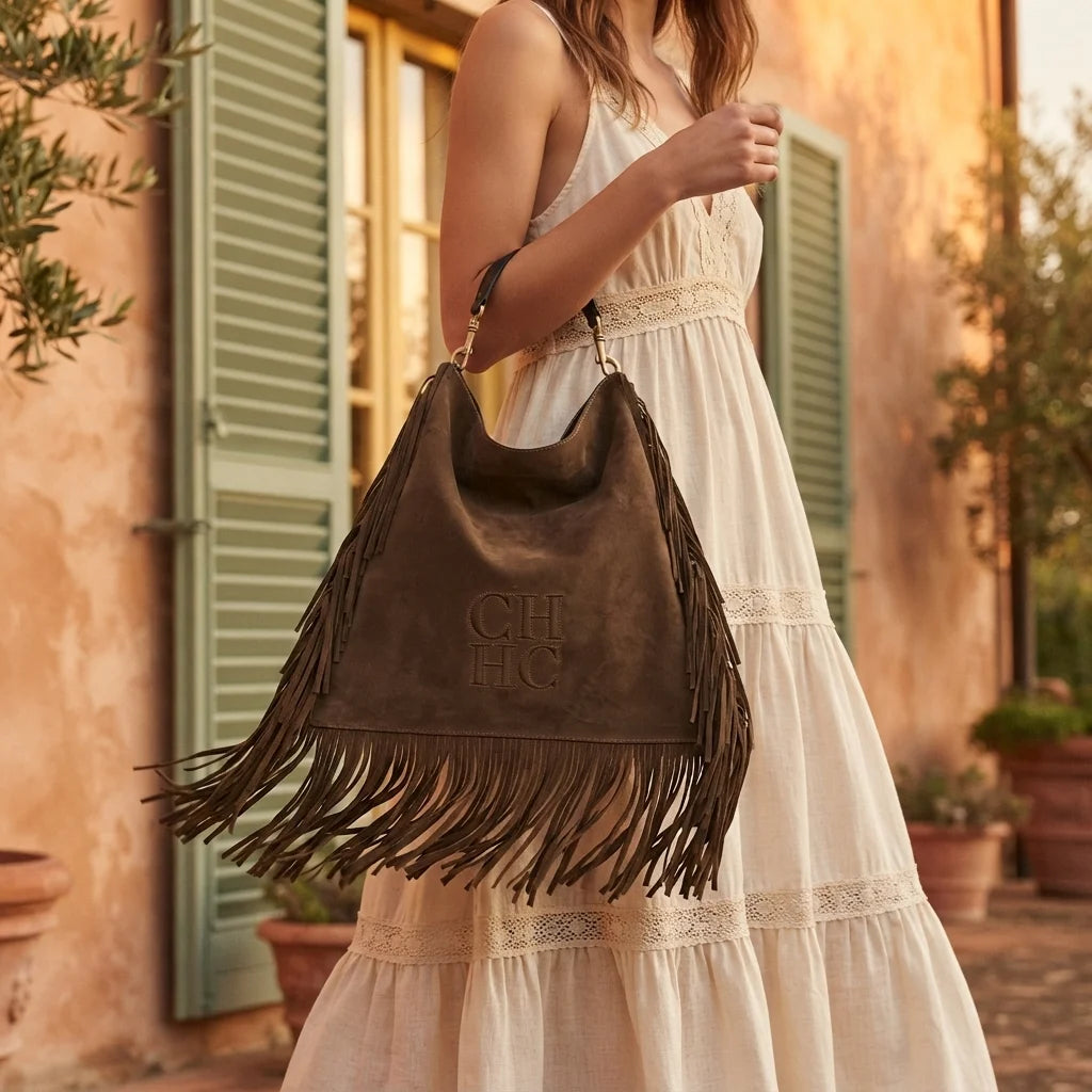 Woman wearing Coffee boho leather fringe bag with swaying fringe