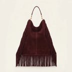Back panel of Maroon boho leather fringe bag with strap attachments
